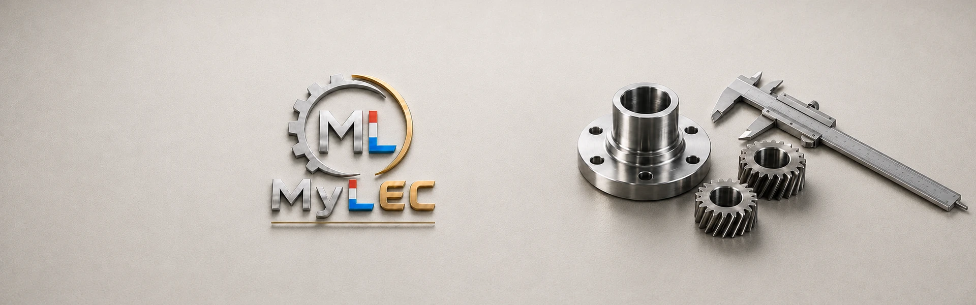 MyLec-Markenauftritt auf hellem Hintergrund, mechanische Präzisionsteile, Zahnräder und Messschieber